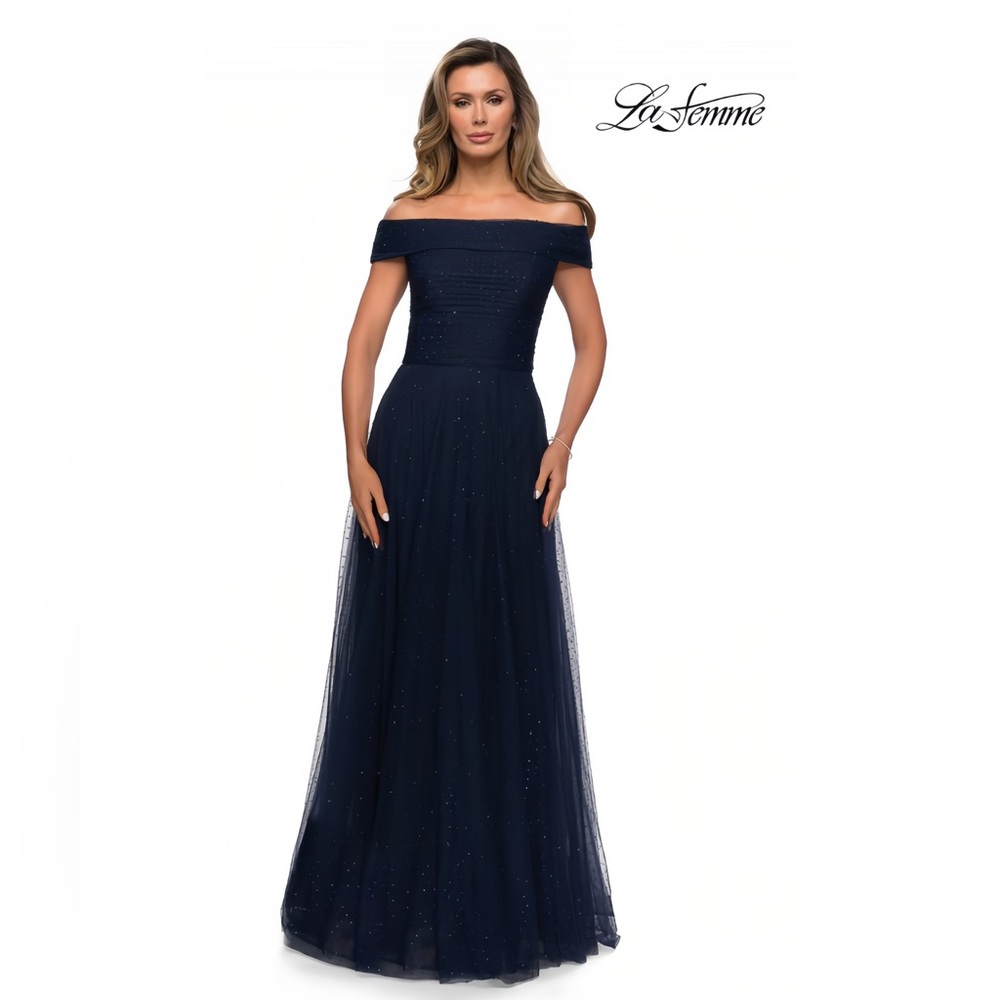 B901 NWT La Femme navy blue maxi dress embellished mesh shoulder S/S. Sz 18